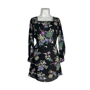 LOFT Petite Floral Fit & Flare Mini Dress 4P Black Square Neck Long Sleeve Party